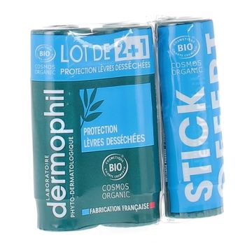 Stick &agrave; l&egrave;vres protection l&egrave;vres dess&eacute;ch&eacute;es bio Dermophil - lot de 2+1 gratuit