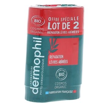 Stick &agrave; l&egrave;vres R&eacute;paration l&egrave;vres ab&icirc;m&eacute;es bio Dermophil Indien - lot de 2 sticks de 4g
