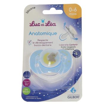 Sucette silicone anatomique avec anneau nuit 0-6 mois Luc et L&eacute;a - une sucette