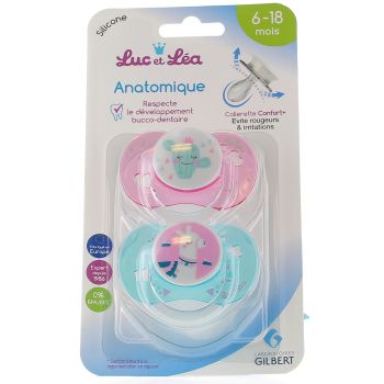 Sucettes Silicone Anatomiques avec anneau 6-18 mois mod&egrave;le Arc-en-ciel et Licorne Luc et L&eacute;a - 2 sucettes