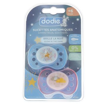 Sucettes anatomiques +6 mois sp&eacute;ciales nuit Dodie - lot de 2 sucettes