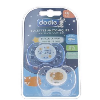 Sucettes anatomiques +6 mois sp&eacute;ciales nuit Dodie - lot de 2 sucettes