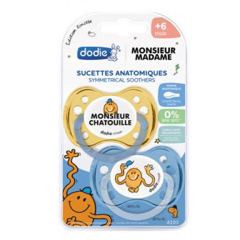 Sucettes anatomiques &eacute;dition limit&eacute;e Madame Monsieur +6 mois Dodie - lot de 2 sucettes