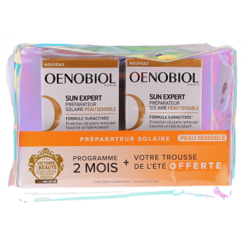 Sun Expert pr&eacute;parateur solaire peau sensible Oenobiol - 2 pots de 30 capsules + trousse offerte