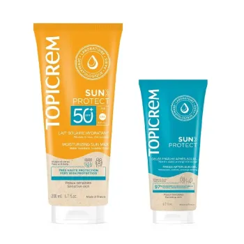 Sun Protect lait solaire hydratant SPF50+ Topicrem - tube de 200ml + gel&eacute;e fra&icirc;che 50ml offerte