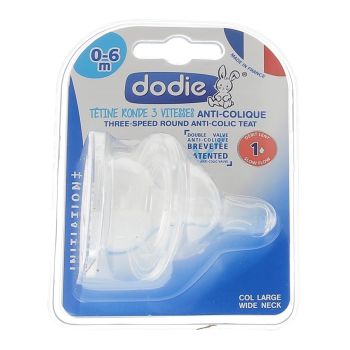 T&eacute;tine ronde 3 vitesses anti-colique col large 0-6 mois d&eacute;bit 1 Dodie - deux t&eacute;tines