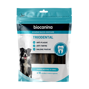 Triodental lamelle &agrave; m&acirc;cher chiens moyens 10-30kg Biocanina - sachet de 15 lamelles &agrave; m&acirc;cher v&eacute;g&eacute;tales