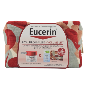 Trousse Hyaluron-Filler + volume lift soin de jour peaux s&egrave;ches Eucerin - pot de 50ml + DermatoCLEAN 100ml et trousse offerte