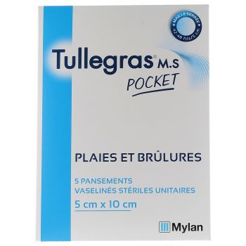 Tullegras M.S plaies et br&ucirc;lures pocket 5x10cm Mylan - bo&icirc;te de 5 pansements