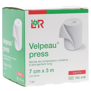 Velpeau Press Bande de compression coh&eacute;sive &agrave; allongement long - bo&icirc;te d'une bande blanche de 7x3cm