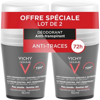 D&eacute;odorant anti-transpirant 72h peau sensible Vichy homme - lot de 2 flacons bille de 50 ml