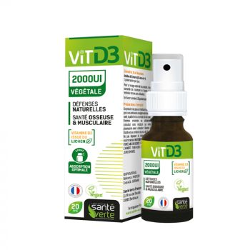 Vitamine D3 v&eacute;g&eacute;tale 2000 UI d&eacute;fenses naturelles Sant&eacute; Verte - spray de 20ml
