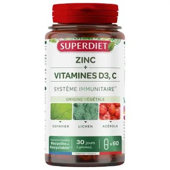 Zinc + Vitamines D3 et C Superdiet - pot de 60 comprim&eacute;s