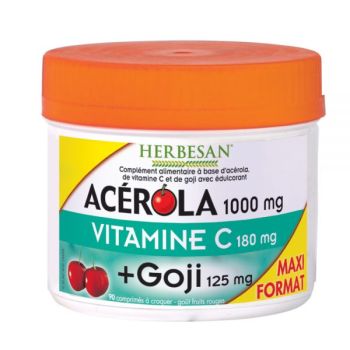 Ac&eacute;rola 1000 mg + vitamine C 180 mg + Goji 125 mg Herbesan - pot de 90 comprim&eacute;s &agrave; croquer