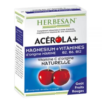 Ac&eacute;rola, magn&eacute;sium, vitamines Herbesan - boite de 30 comprim&eacute;s &agrave; croquer