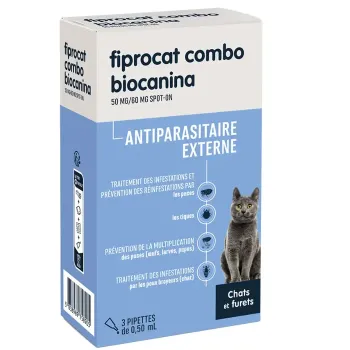 Fiprocat combo 50 mg/60 mg antiparasitaire externe chats et furets Biocanina - bo&icirc;te de 3 pipettes de 0,5ml
