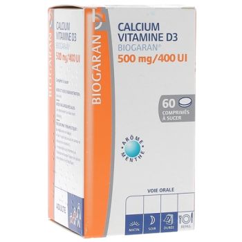 Calcium vitamine D3 Biogaran 500mg/400 UI - Bo&icirc;te de 60 comprim&eacute;s &agrave; sucer