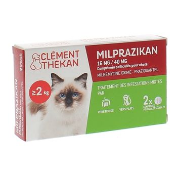 Milprazikan 16 mg / 40 mg comprim&eacute; pellicul&eacute; pour chats Cl&eacute;ment Th&eacute;kan - boite de 2 comprim&eacute;s