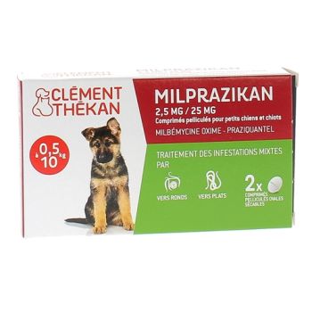 Milprazikan 2,5 mg / 25 mg comprim&eacute; pellicul&eacute; pour petits chiens Cl&eacute;ment Th&eacute;kan - boite de 2 comprim&eacute;s p&eacute;licul&eacute;s