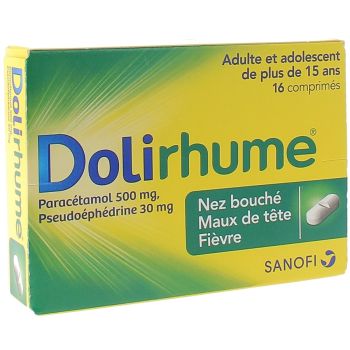 Dolirhume Parac&eacute;tamol et pseudo&eacute;ph&eacute;drine 500mg/30mg comprim&eacute; - bo&icirc;te de 16 comprim&eacute;s