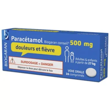 Parac&eacute;tamol 500mg douleurs et fi&egrave;vre Biogaran - boite de 16 comprim&eacute;s 