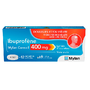 Ibuprof&egrave;ne 400 mg Mylan comprim&eacute; pellicul&eacute; - boite de 12 comprim&eacute;s