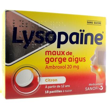 Lysopa&iuml;ne sans sucre maux de gorge citron 20 mg - boite de 18 comprim&eacute;s