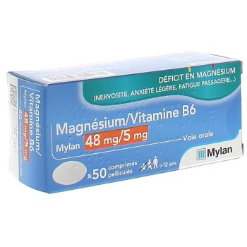 Magnesium Vitamine B6 Mylan 48mg/5mg - 50 comprim&eacute;s pellicul&eacute;s
