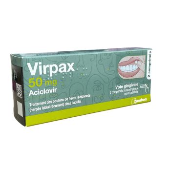 Virpax 50mg aciclovir boutons de fi&egrave;vre - 2 comprim&eacute;s 