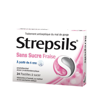 Strepsils Fraise sans sucre pastille &agrave; sucer - boite de 24 pastilles