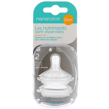T&eacute;tines silicone ultra-douces 0m+ Lent Nanob&eacute;b&eacute; - 2 t&eacute;tines