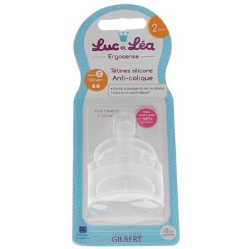 T&eacute;tines silicone anti-colique 2 mois+ d&eacute;bit moyen Luc et L&eacute;a - 2 t&eacute;tines