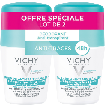 D&eacute;odorant anti-transpirant 48h anti-traces blanches & jaunes Vichy - lot de 2 roll-on billes de 50 ml