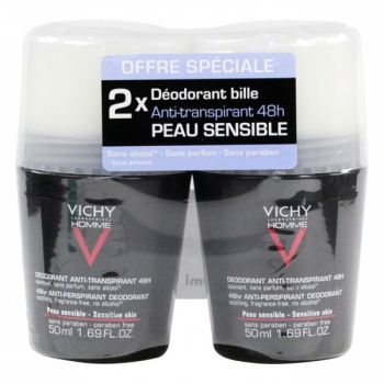 D&eacute;odorant anti-transpirant 48h peau sensible Vichy homme - 2 flacons bille de 50 ml