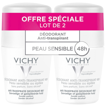 D&eacute;odorant anti-transpirant 48h peau sensible ou &eacute;pil&eacute;e Vichy - lot de 2 Roll-on bille de 50 ml