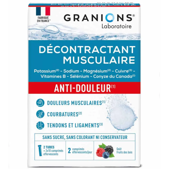 D&eacute;contractant musculaire anti-douleur go&ucirc;t fruits des bois Granions - 2 tubes de 10 comprim&eacute;s