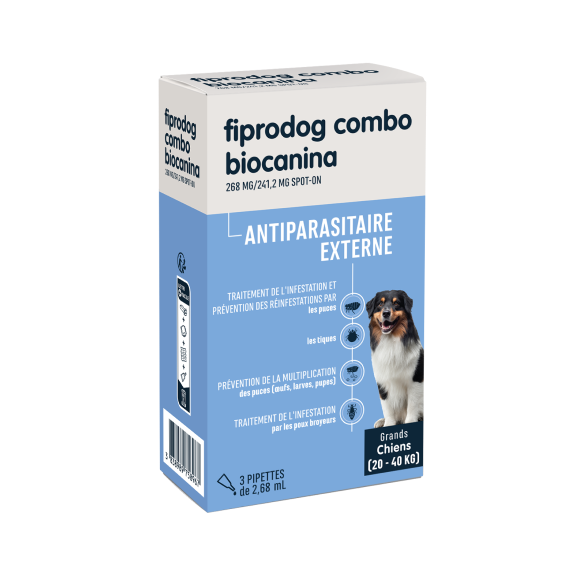 Fiprodog combo 268 mg/241,2 mg antiparasitaire externe grands chiens (20-40kg) Biocanina - bo&icirc;te de 3 pipettes de 2,68ml