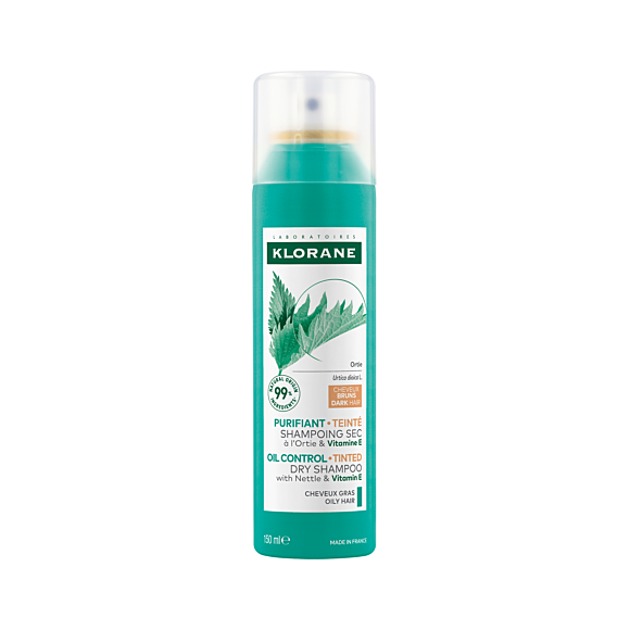 Shampooing sec &agrave; l'Ortie purifiant teint&eacute; cheveux gras bruns Klorane - spray de 150ml