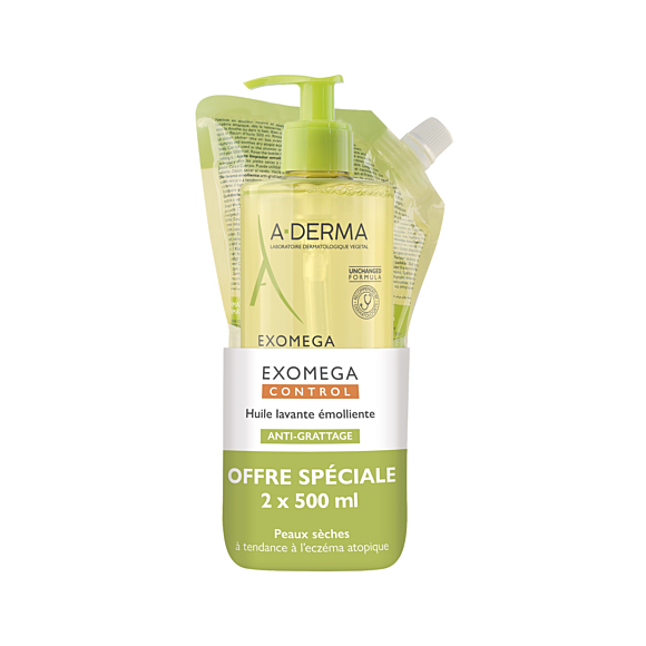 Exomega Control Huile lavante &eacute;molliente anti-grattage A-derma - flacon-pompe et recharge de 500ml