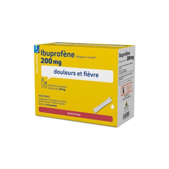 Ibuprof&egrave;ne Biogaran Conseil 200 mg suspension buvable - bo&icirc;te de 20 sachets
