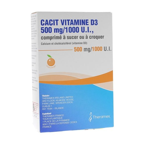 Cacit Vitamine D3 500 mg/1000 UI - bo&icirc;te de 30 comprim&eacute;s &agrave; croquer ou sucer