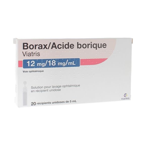 Borax/Acide Borique 12mg/18mg/ml Viatris - bo&icirc;te de 20 r&eacute;cipients unidoses de 5ml