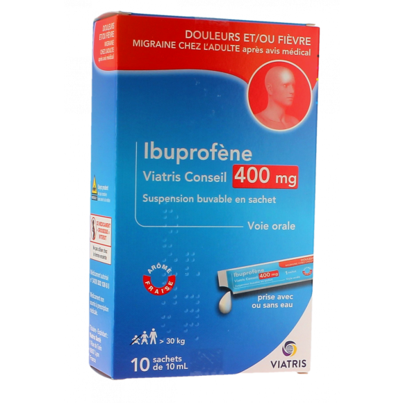 Ibuprof&egrave;ne 400mg ar&ocirc;me fraise Viatris - bo&icirc;te de 10 sachets de 10ml