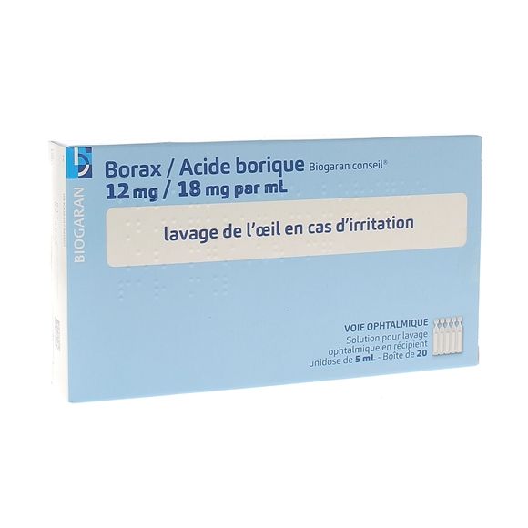 Borax Acide borique Biogaran solution pour lavage ophtalmique - bo&icirc;te de 20 unidoses de 5ml