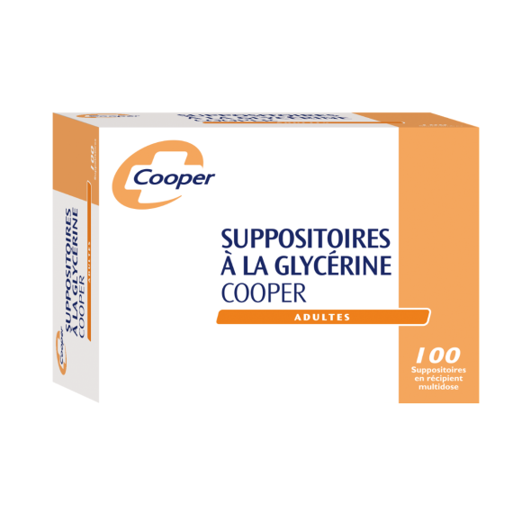 Suppositoires &agrave; la glyc&eacute;rine adultes Cooper - bo&icirc;te de 100 suppositoires en r&eacute;cipient multidose
