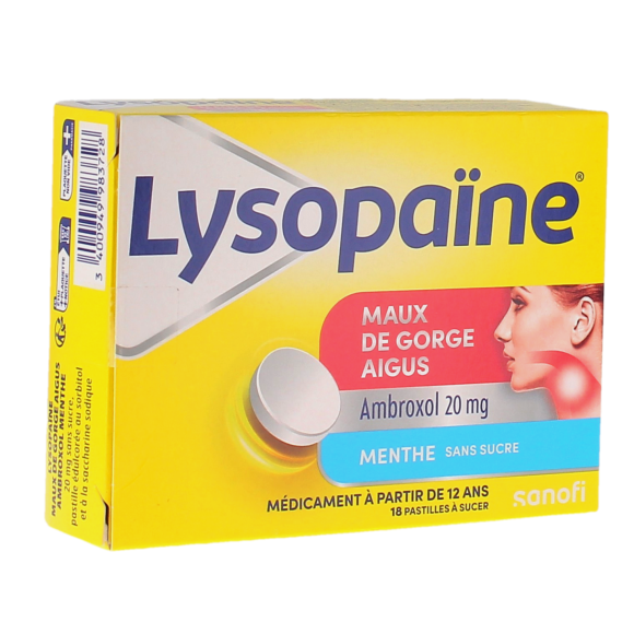 Lysopa&iuml;ne sans sucre maux de gorge aigus menthe 20mg - boite de 18 pastilles &agrave; sucer