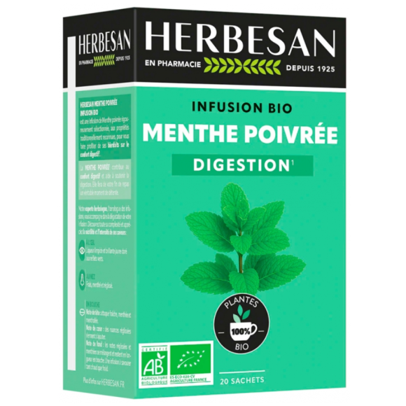 Infusion confort digestif menthe poivr&eacute;e bio Herbesan - bo&icirc;te de 20 sachets