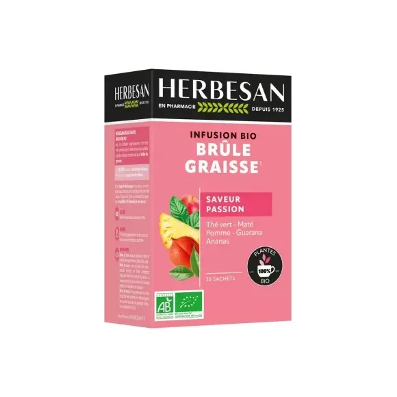 Infusion Br&ucirc;le graisses bio saveur passion Herbesan - boite de 20 sachets