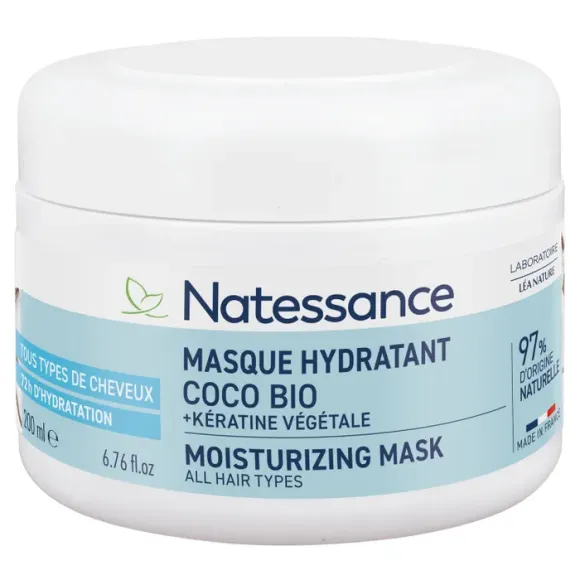 Masque capillaire hydratant coco bio et k&eacute;ratine v&eacute;g&eacute;tale Natessance - pot de 200ml