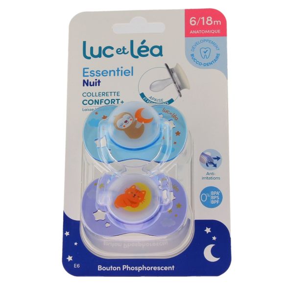 Essentiel nuit confort sucettes anatomiques 6/18mois Luc et L&eacute;a - lot de 2 sucettes